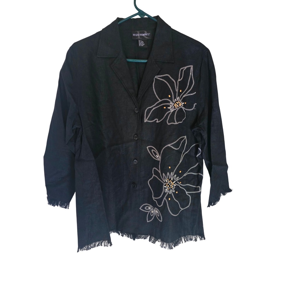 Requirements Womens Black Linen Blend Floral Embroidered Frayed Hem Shirt Large